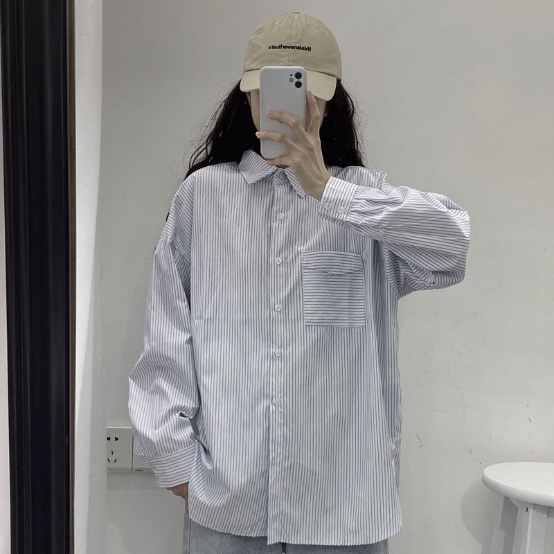Áo sơ mi kẻ sọc xanh túi ngực basic form thụng