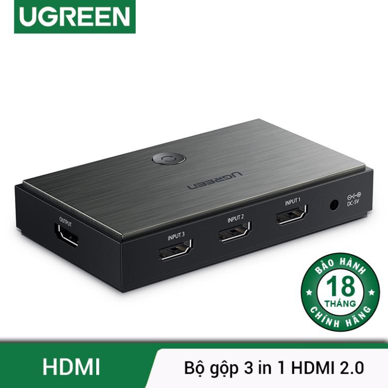 Bộ gộp HDMI 3 vào 1 ra HDMI 2.0 hỗ trợ 4Kx2K/60Hz chính hãng Ugreen 50709 cao cấp
