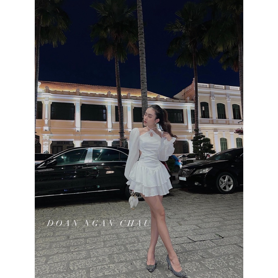 ĐẦM XOÈ CỔ VUÔNG YẾM KHOÉT VAI TẦNG TAY DÀI TRẮNG HỒNG DÂY CỘT CHÉO ĐEO TRỄ HỞ LƯNG ULZZANG