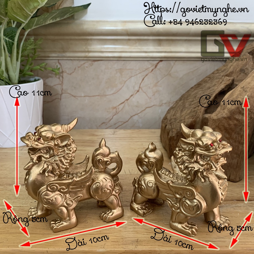 Cặp 2 tương Tỳ Hưu trang trí phong thủy bàn làm việc chiêu tài lộc - Cao 11cm - Màu nhũ đồng