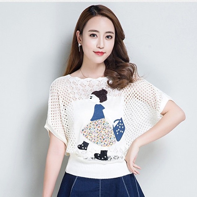Áo thu đông nữ, áo len lưới mặc 4 mùa thiết kế tay cánh rơi in hoạ tiết AL57