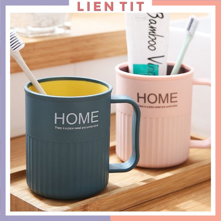 Cốc nhựa đánh răng chữ HOME, cốc súc miệng có quai cầm cao cấp