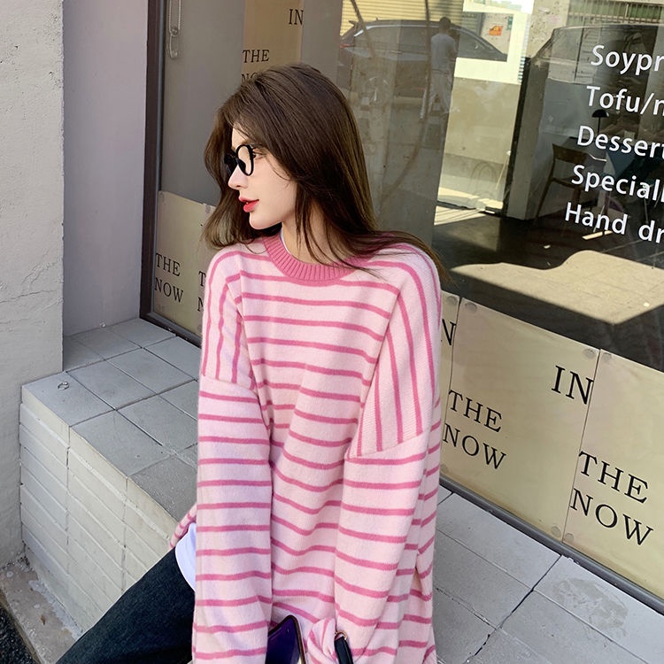 Áo sweater Dệt Kim Cổ Tròn Dáng Rộng Xẻ Tà Họa Tiết Kẻ Sọc Thời Trang Hàn Quốc 2022