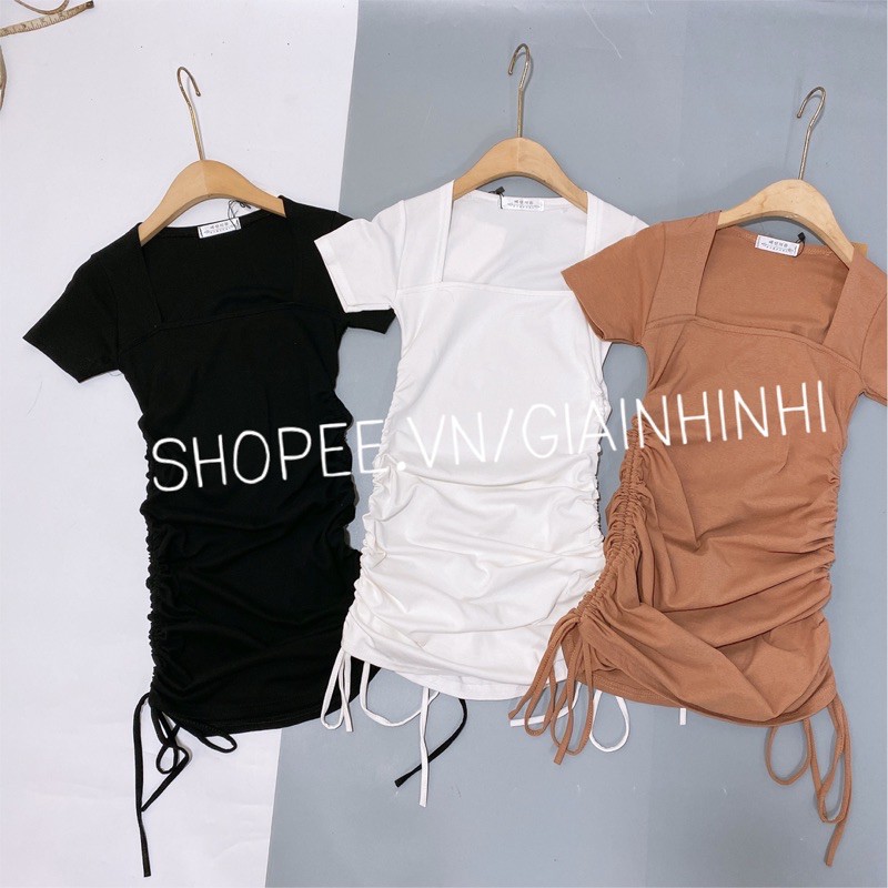 Váy body cổ vuông rút dây 2 bên, Đầm dáng ôm ngắn tay VS1601 - NhiNhi Shop | BigBuy360 - bigbuy360.vn