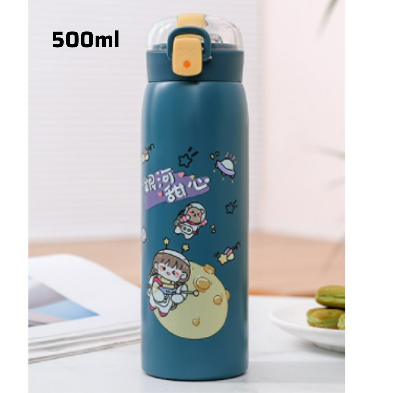 Bình giữ nhiệt cute 500ml bình nước inox 304 họa tiết dễ thương có ống hút