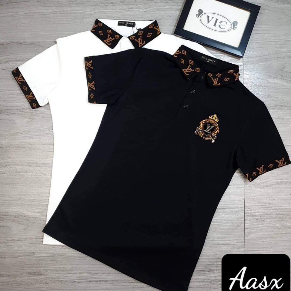 Áo thun nam polo giá rẻ cổ trụ thêu logo LV đẹp cotton co dãn 2 màu AHFASHION