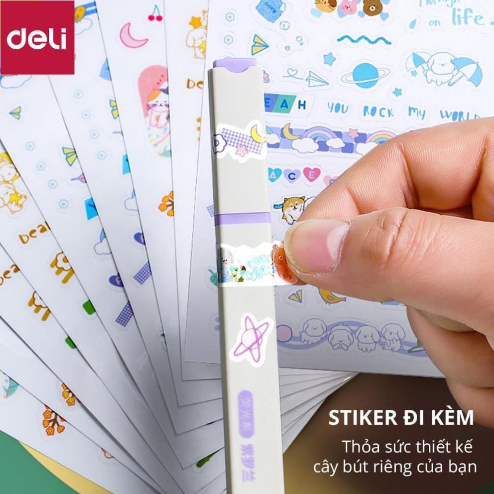 Bút highlight kèm sticker Deli - nhấn dòng macaron dạ quang - hộp 6 chiếc - S742 [Deli]