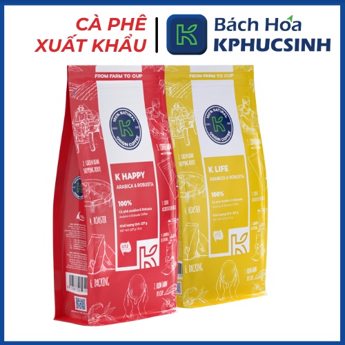 Combo cà phê nguyên chất xuất khẩu K Happy 227g và K Life 227g KCOFFEE  KPHUCSINH - Hàng Chính Hãng