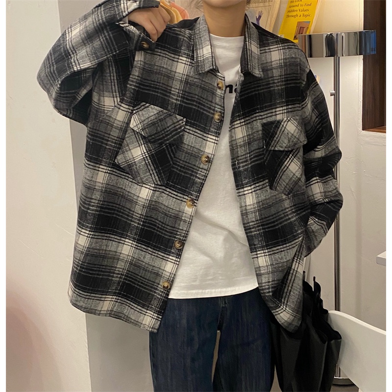 SUXI Áo Sơ Mi Nữ Ca Rô Dài Tay Cổ Bẻ Thời Trang Hàn