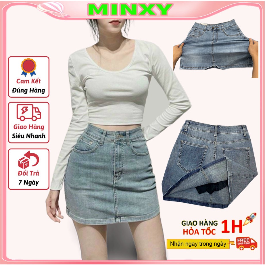 Chân váy bò đùi hack dáng,cv jean ngắn co giãn có lót trong-Minxy shop