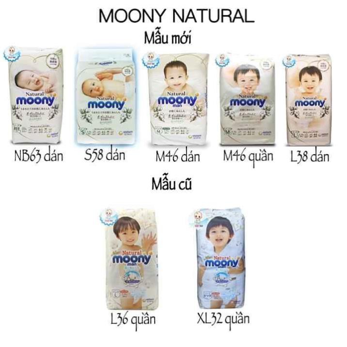 TÃ/BỈM MOONY NATURAL NỘI ĐỊA NHẬT CHÍNH HÃNG CỘNG MIẾNG DÁN/QUẦN ĐỦ SIZE NB63/S58/M48/L36/XL32 cccc