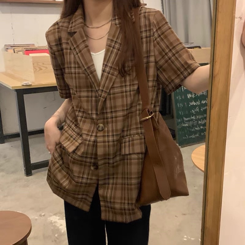 Áo blazer ngắn tay retro có mút độn vai style Hàn