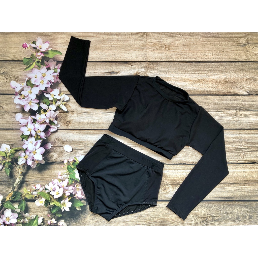 Bikini bộ bơi tay dài phối lưới thời thượng (Đen và trắng) EVA TDL