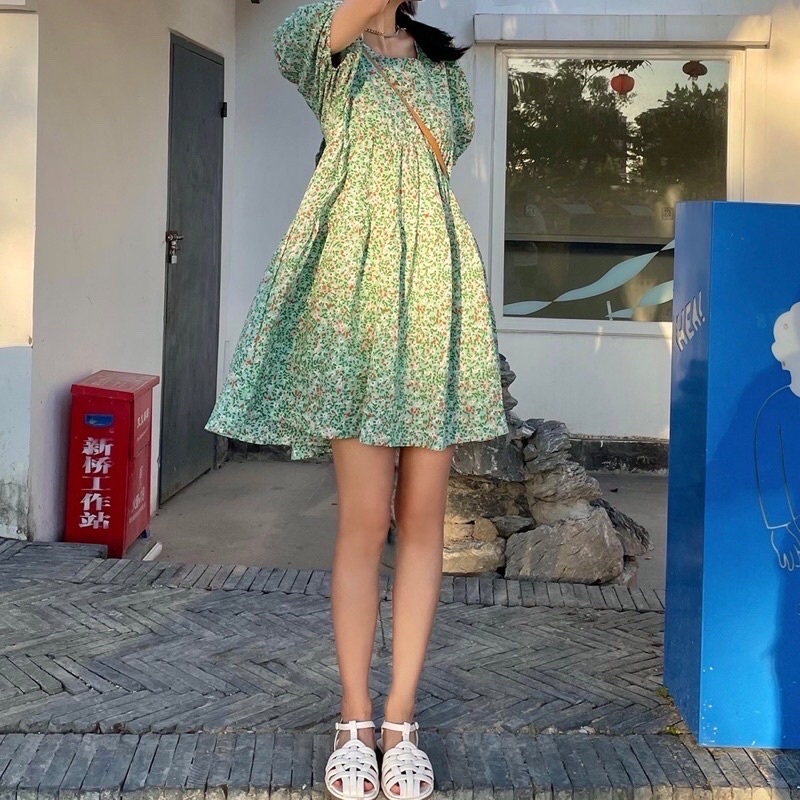Váy babydoll nơ lưng hoa nhí xanh mint ullzang - Đầm xoè cổ vuông tay phồng nơ lưng xanh lá