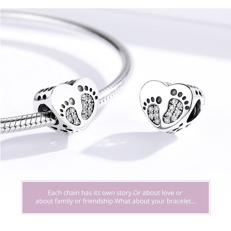 Hạt Trang Sức Bamoer Scc1395 Chốt Bạc Sterling Hình Trái Tim Phối Họa Tiết Dấu Chân Dùng Làm Đồ Trang Sức Thủ Công