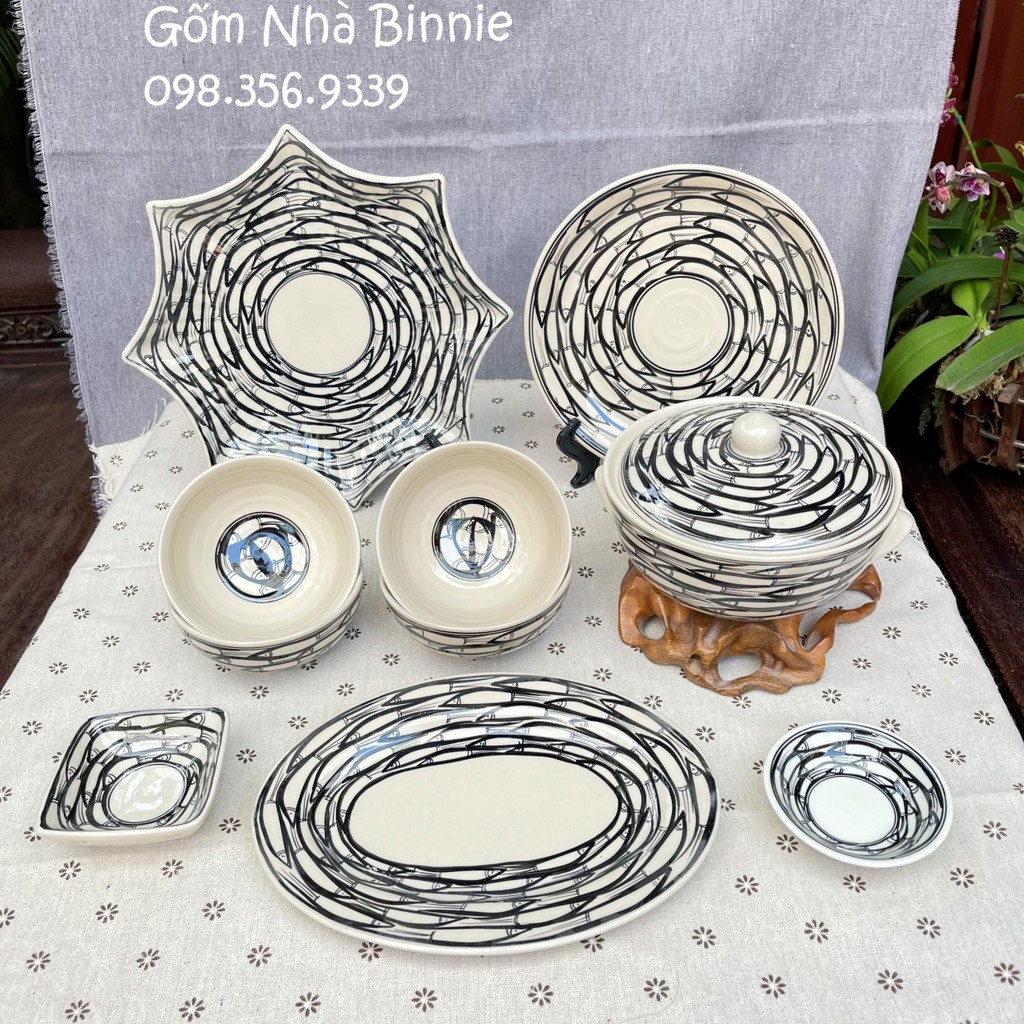Bộ Bát Đĩa sứ Bát Tràng vẽ đàn cá - Set gia đình nhỏ 10 món