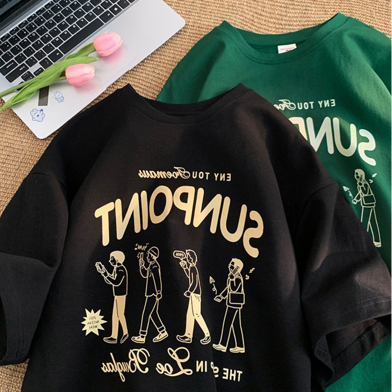 Áo Thun Nữ Cổ Tròn Ngắn Tay In Hình Phong Cách Hàn Quốc Mới