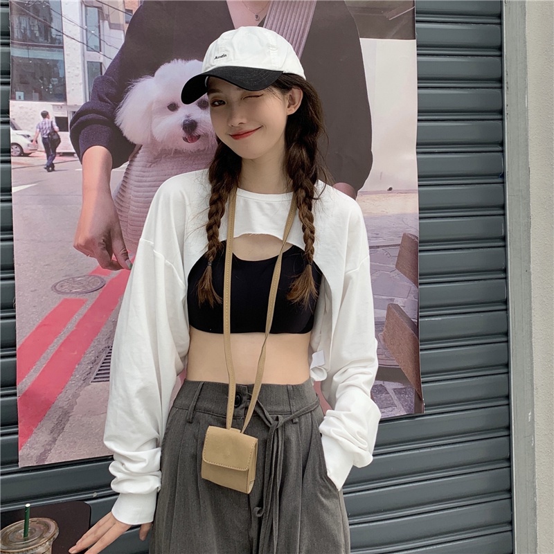 Áo croptop tay dài màu trơn thiết kế tối giản thời trang 2 màu tùy chọn cho nữ