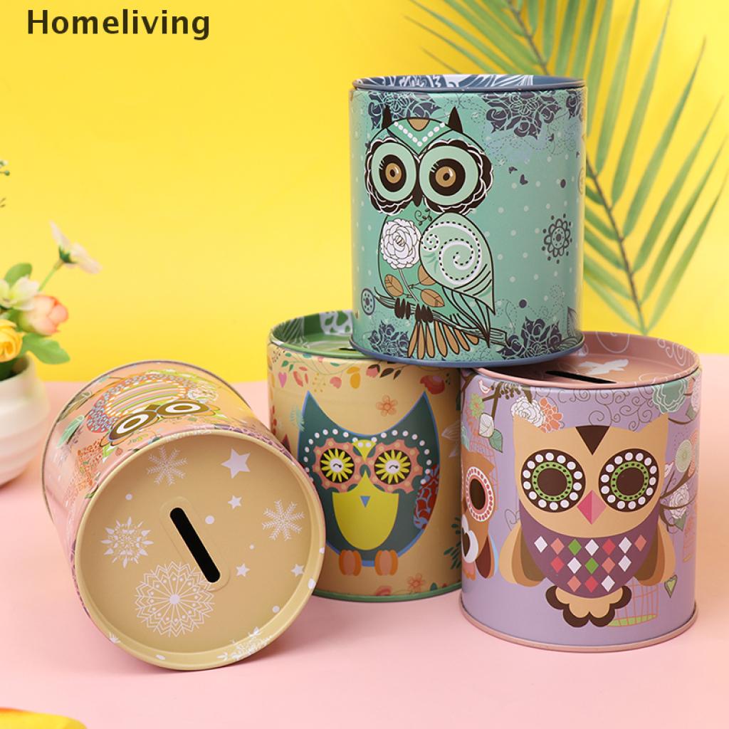 Ống đựng tiền tiết kiệm bằng thiếc họa tiết chim cú mèo cổ điển dễ thương