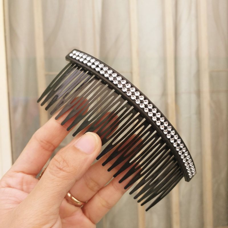 Lược cài tóc nhựa mềm đính hạt 2 hàng màu đen