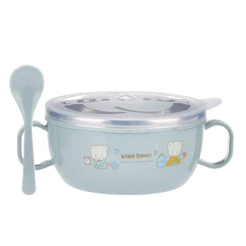 Bát ăn dặm inox 2 lớp cách nhiệt cho bé, thiết kế quai cằm tiện dụng, tặng kèm thìa