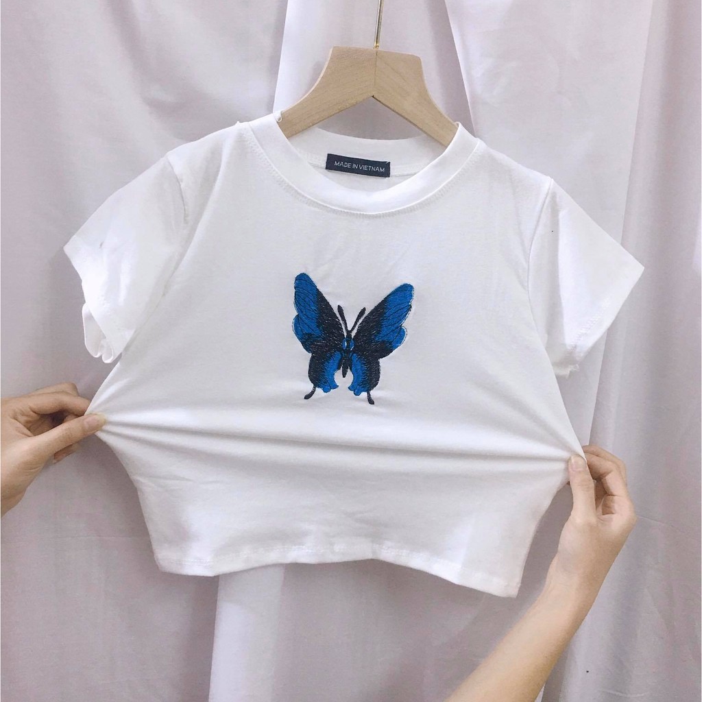 Áo Croptop nữ body thêu cánh bướm ngắn tay