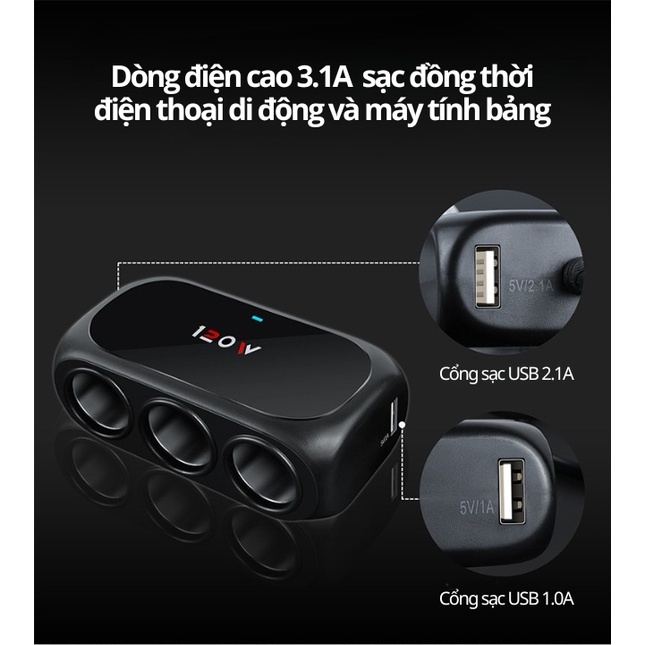 Bộ Chia Tẩu Sạc Ô Tô By-283 /120w 3 Cổng Kèm 2 Cổng Usb Tẩu Chia Sạc Ô Tô Trangdiemxe 3