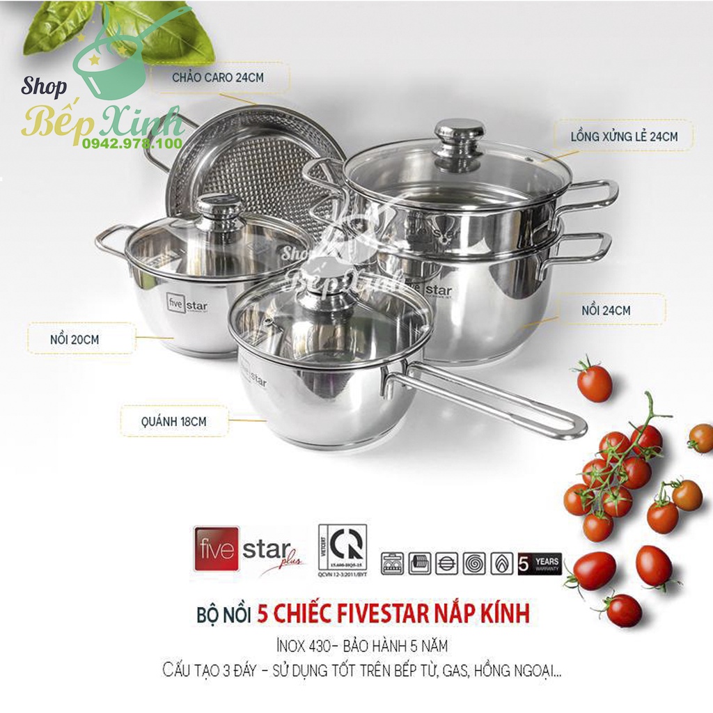 Bộ nồi inox FiveStar Standard inox 430 nắp kính , 3 đáy dùng được mọi bếp