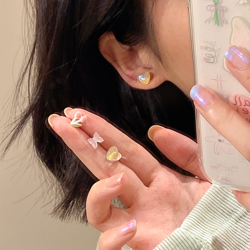 Bông Tai Hình Trái Tim Đính Đá Opal Mini Phong Cách Hàn Quốc Dành Cho Nữ