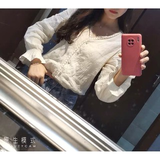 [Order] Áo sơ cổ V đính ren tay dài bo (ảnh thật)