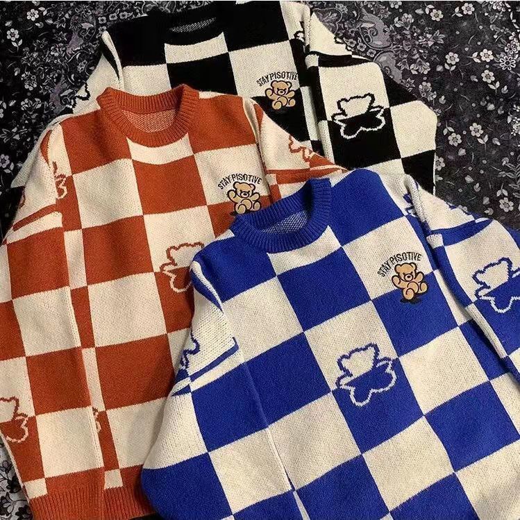 Áo Sweater Dáng Rộng Thêu Hình Gấu Bàn Cờ Vua Kiểu Vintage Thời Trang Mùa Đông Cho Các Cặp Đôi