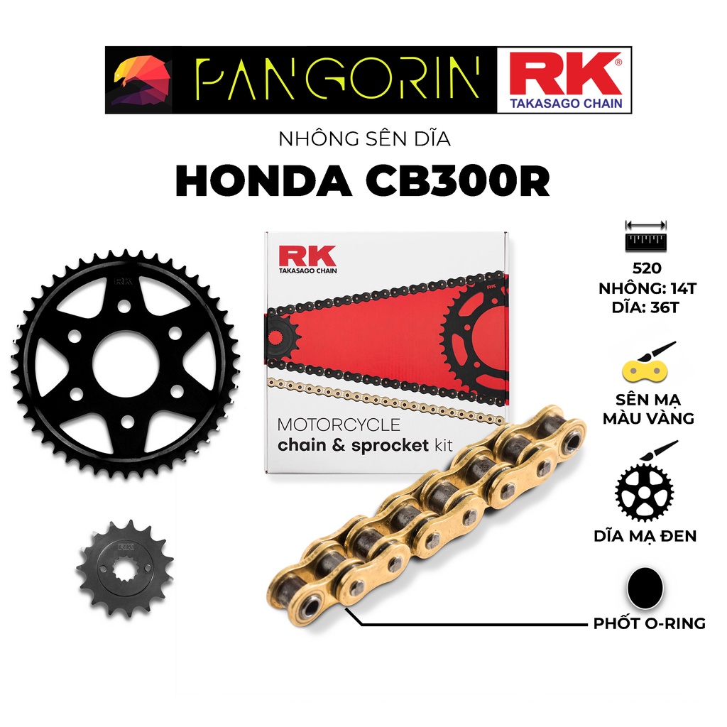 Nhông Sên Dĩa RK Takasago Honda CB300R - Nhông Dĩa thép đen - Sên GB-520-KLO2, màu vàng, phốt O-ring