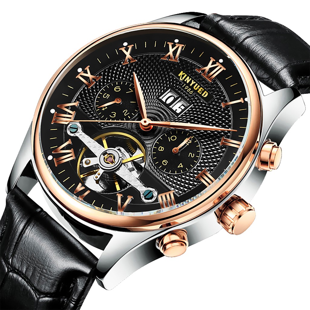 [FENTEER1] Chic Mechanical Automatic Men Wrist Watch Kinyued Skeleton Classic Leather Steel