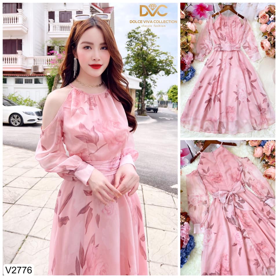 Váy voan hồng dáng xòe khoét tay cổ yếm siêu xinh V2776