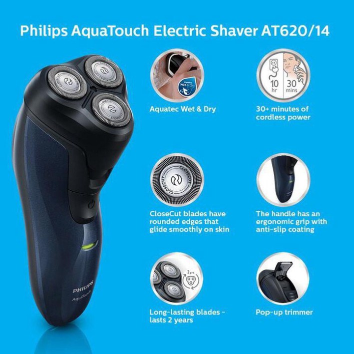 Sản Phẩm Máy cạo râu cao cấp thương hiệu Philips AT620, tích hợp lưỡi cạo mai, cạo khô và ướt (Bảo hành 12 tháng) .