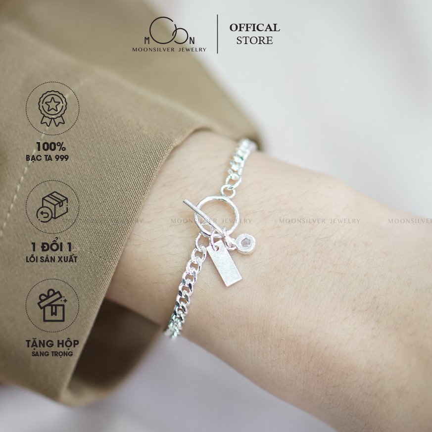 Vòng tay đôi Bạc  Lắc đôi Bạc 999_ móc khóa tròn thanh ngang Moonsilver