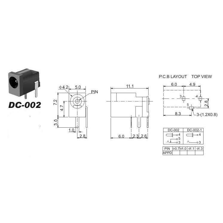 Chân jack DC cái 3.5*1.3 DC002, đầu cắm nguồn Dc cái  3.5*1.3