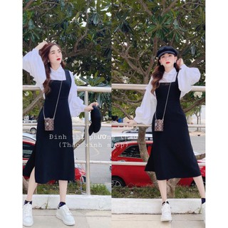 set yếm đen áo sơ mi cổ sen tay bồng bèo ullzang sẵn