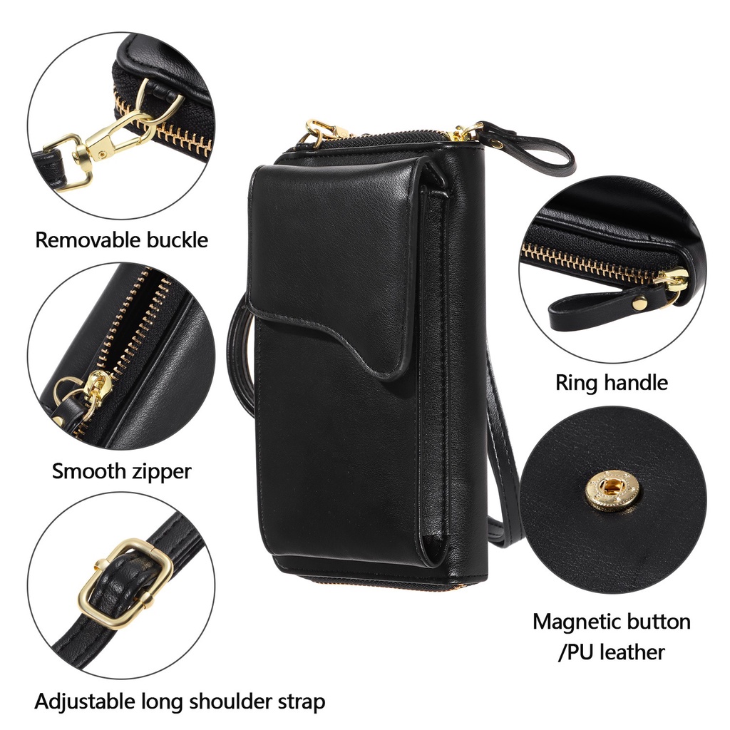 NEXTSHOP Fashion One-shoulder Messenger Mobile Phone Bag Travel Long Wallet with Shoulder Strap Crossbody New PU leather Pure Color Large-capacity Card Wallet Handbag/Multicolor