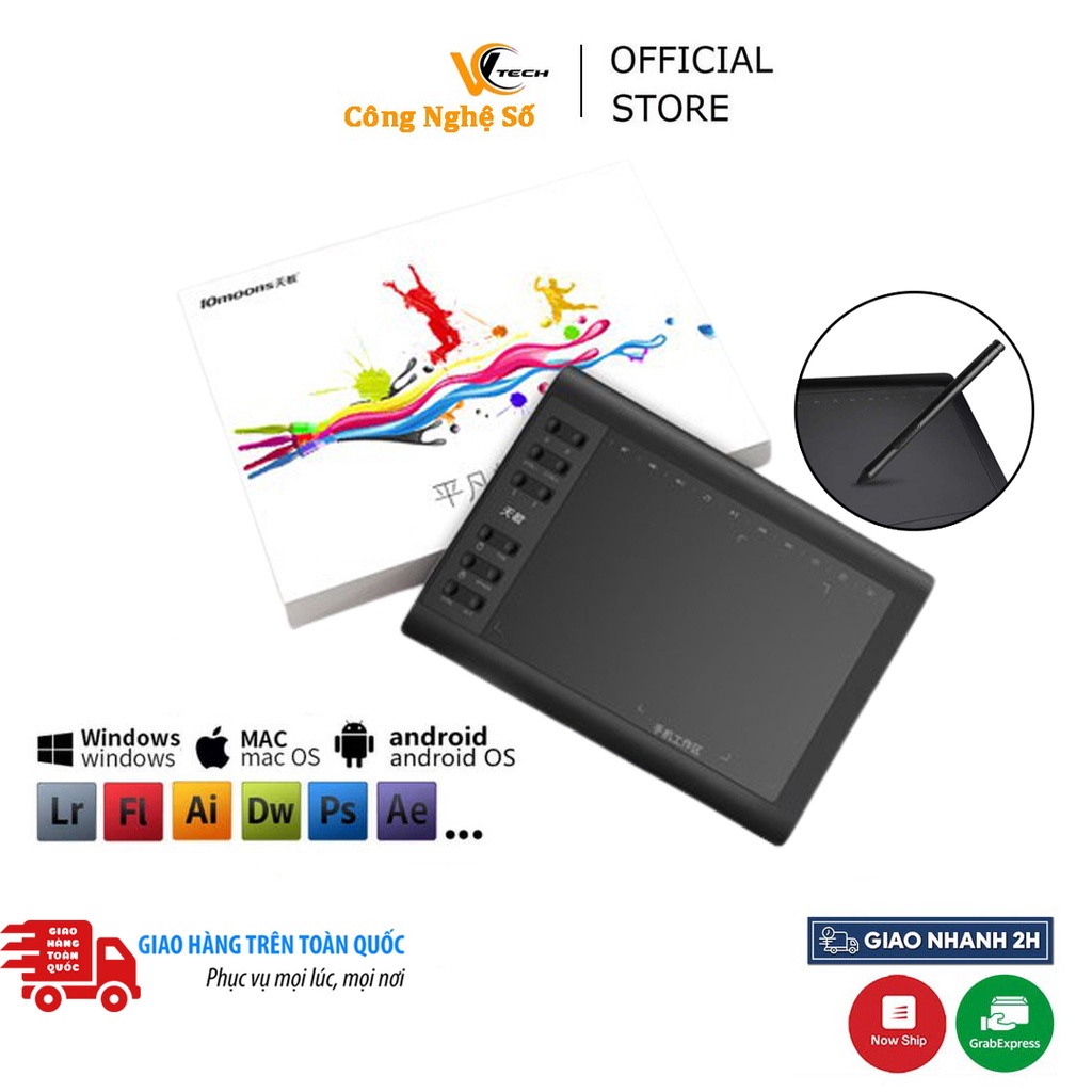 Bảng vẽ điện tử 10moons G10 cỡ 10x6 inch,cảm ứng lực 8192, bút không cần sạc pin tương thích Window, Mac và Android
