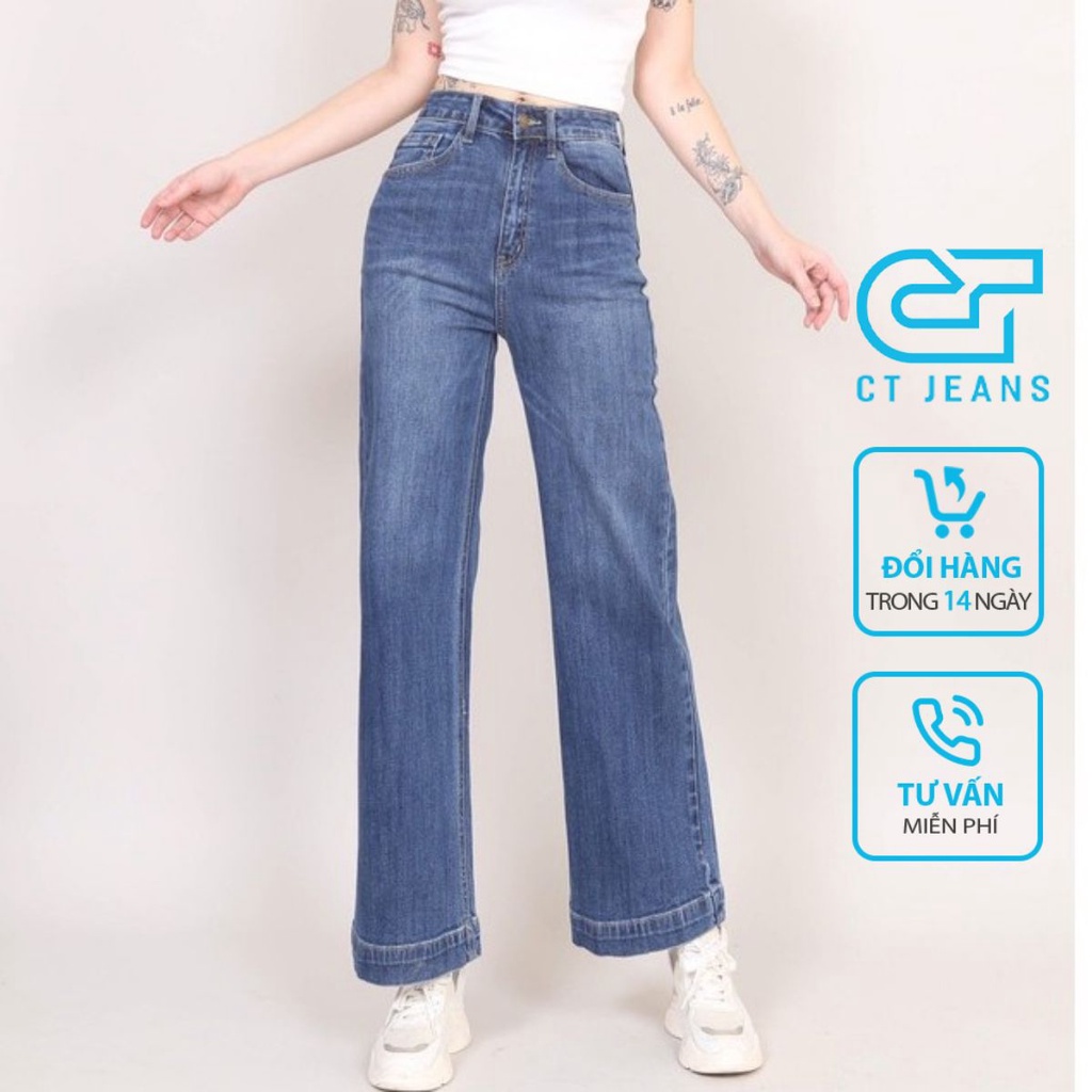 Quần Jean Nữ Ống Rộng cạp cao co giãn dáng dài trơn Gấu bản To 3cm CT JEANS