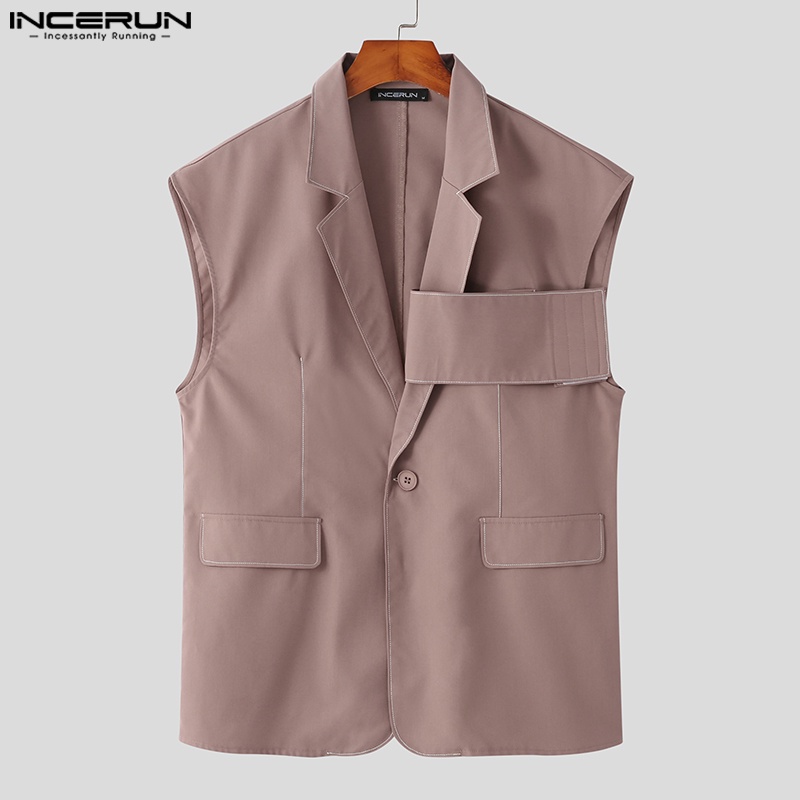 Áo khoác không tay INCERUN dáng rộng cổ bẻ phối túi thời trang cá tính cho nam