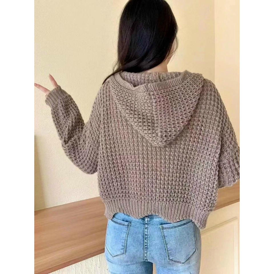 Áo Khoác Len Móc Có Mũ Dây Kéo Bo Gấu Tay Dài | Smide Clothing