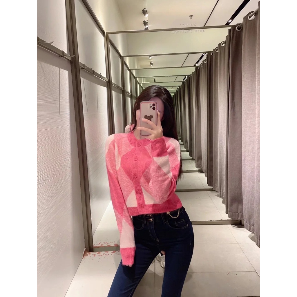 Áo khoác len cardigan caro hồng Za.ra xuất