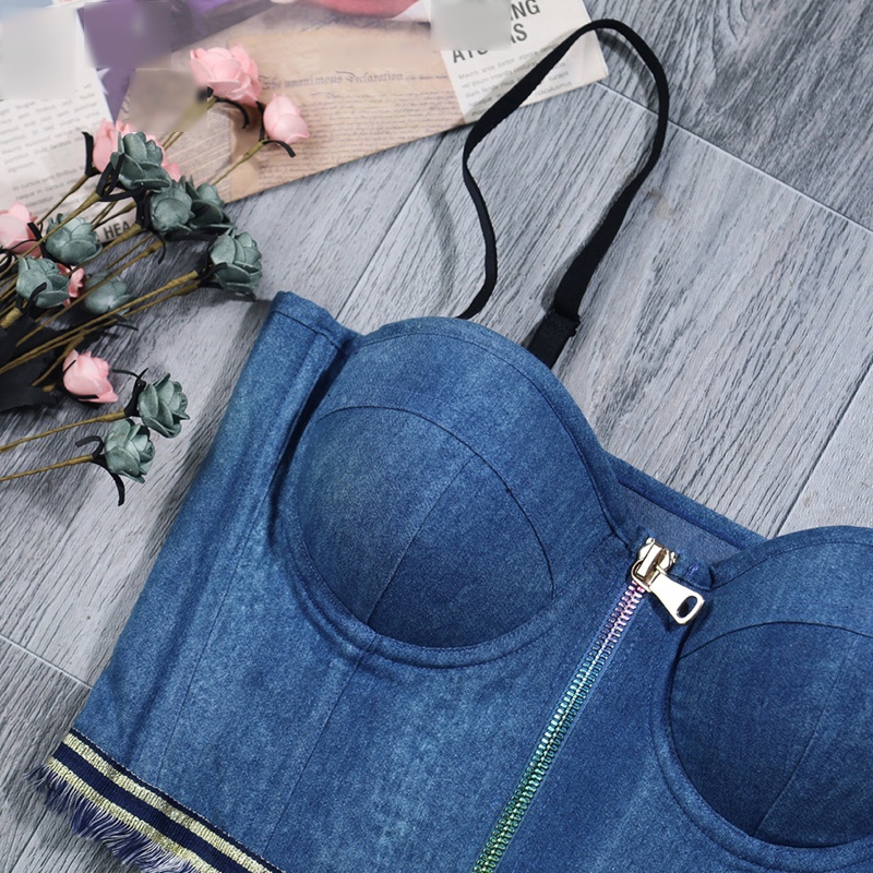 Áo Croptop Denim Hai Dây Hở Lưng Phối Tua Rua Gợi Cảm Cho Nữ