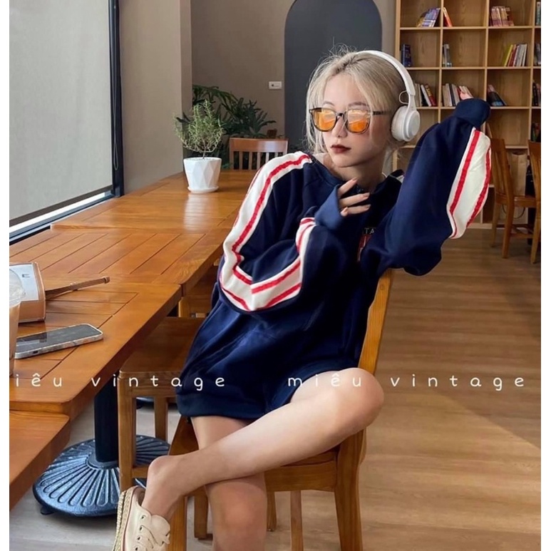 Áo sweater  Áo tay bồng dài tay chạy sọc viền đỏ màu xanh than dành cho nữ phong các Hàn Quốc Ulzzang PHULA