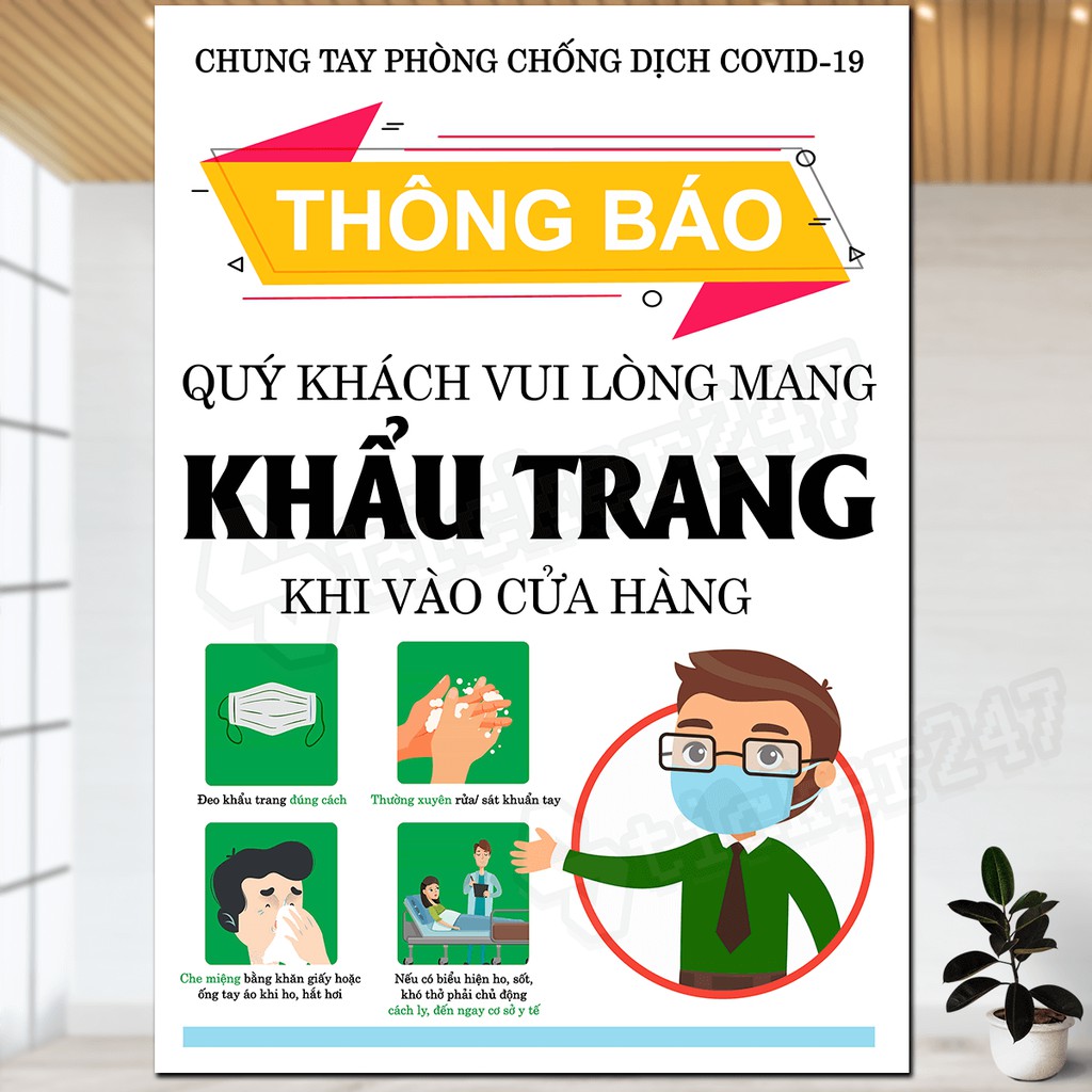 Poster/Sticker tấm decal dán biển báo thông báo mang khẩu trang phòng chống covid dán cửa, tường công ty, cửa hàng...