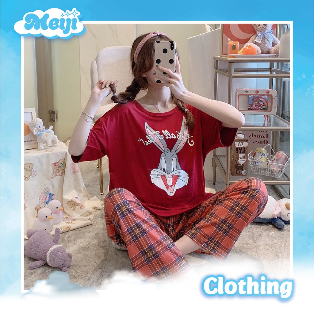 Bộ ngủ pijama nữ ngắn tay quần kẻ nhiều màu