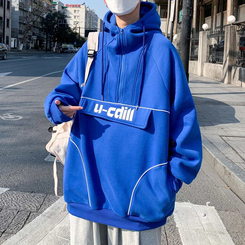 Áo hoodie nỉ dáng rộng phối khóa kéo