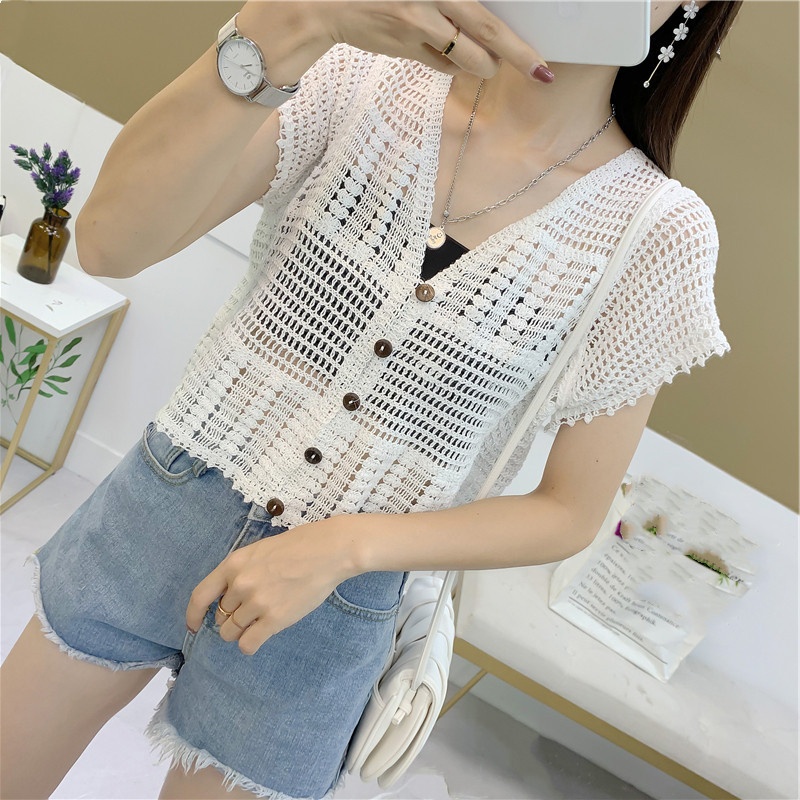 Áo Lửng Ngắn Tay Phối Ren Phong Cách Quyến Rũ Thanh Lịch Dành Cho Nữ